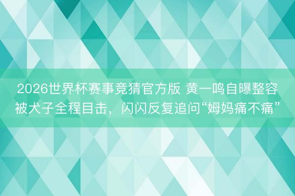 2026世界杯赛事竞猜官方版 黄一鸣自曝整容被犬子全程目击，闪闪反复追问“姆妈痛不痛”
